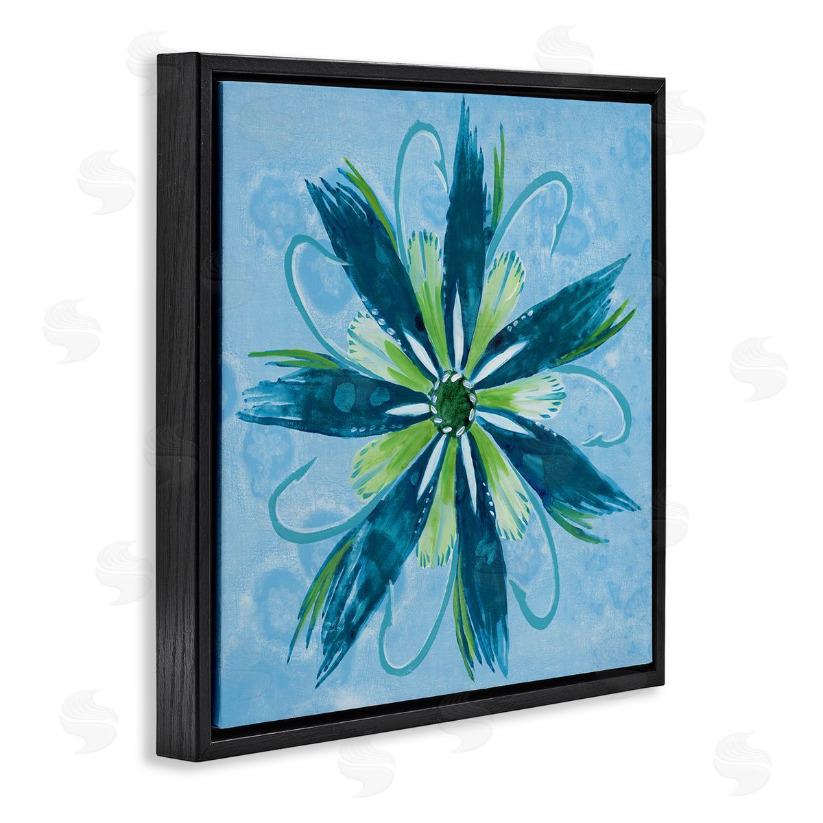 Blue & Green Abstract Flower Black Floating Frame Canvas Wall Art, Home Decor by Liz Jardine