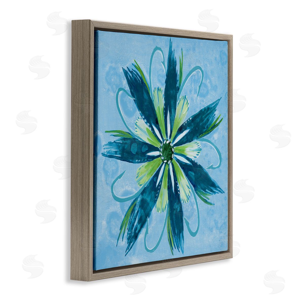Blue & Green Abstract Flower Brown Floating Frame Canvas Wall Art, Home Decor by Liz Jardine