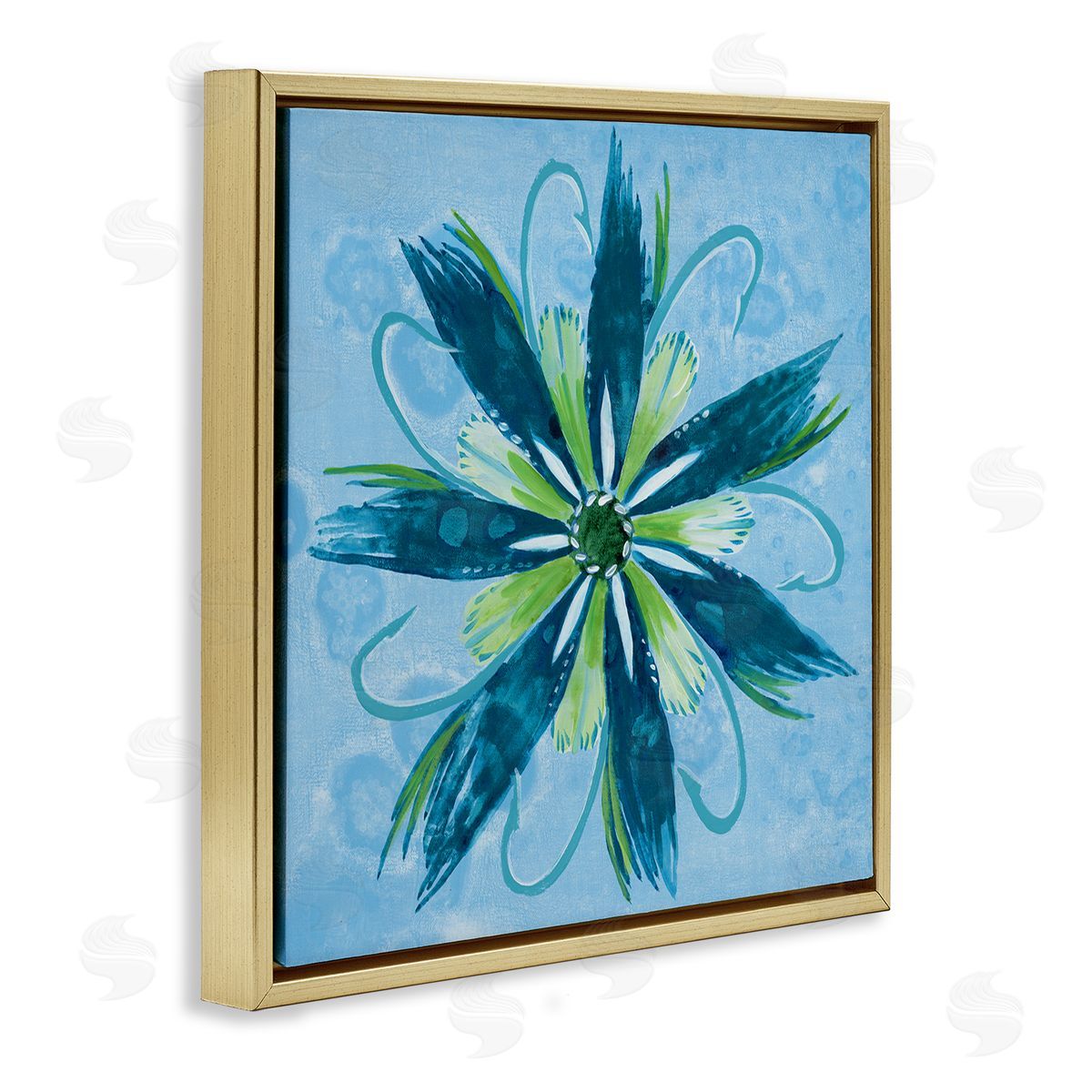 Blue & Green Abstract Flower Gold Floating Frame Canvas Wall Art, Home Decor by Liz Jardine