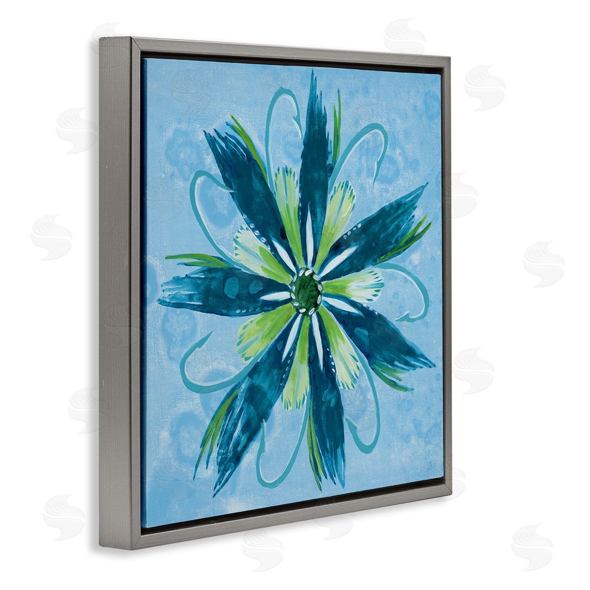 Blue & Green Abstract Flower Grey Floating Frame Canvas Wall Art, Home Decor by Liz Jardine