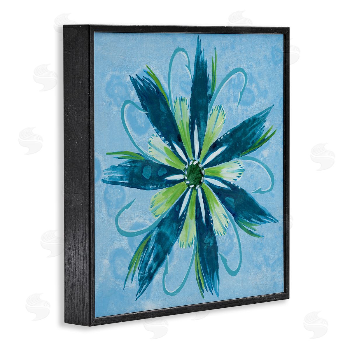 Blue & Green Abstract Flower Black Frame Print Wall Art, Home Decor by Liz Jardine
