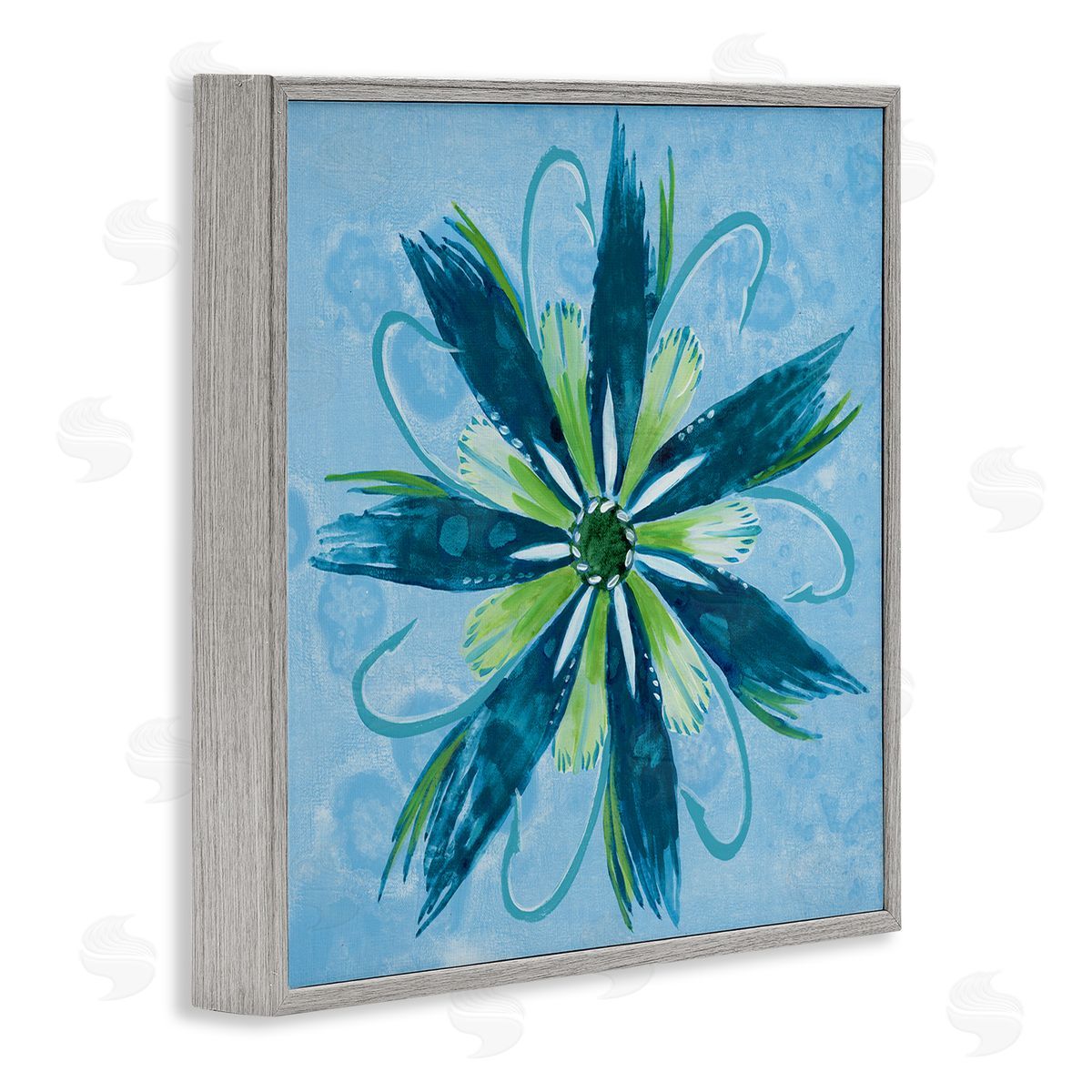 Blue & Green Abstract Flower Grey Frame Print Wall Art, Home Decor by Liz Jardine