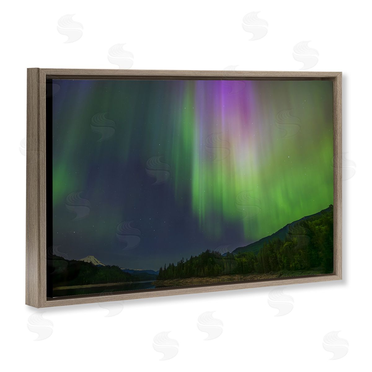 Green Glowing Northern Lights Brown Floating Frame Canvas Wall Art, Home Decor by Nancy Crowell
