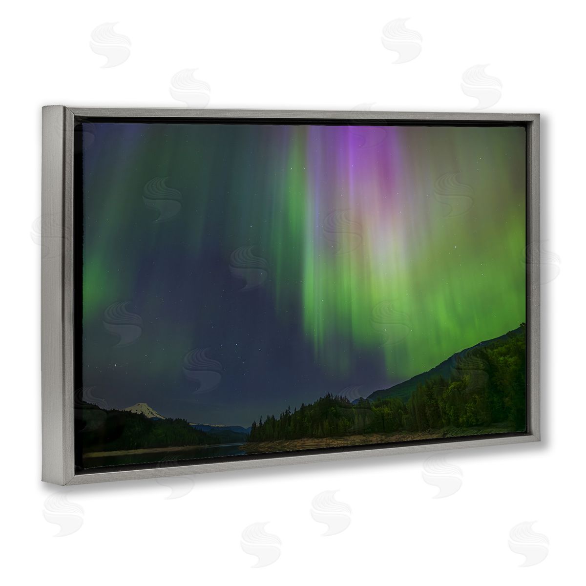 Green Glowing Northern Lights Grey Floating Frame Canvas Wall Art, Home Decor by Nancy Crowell