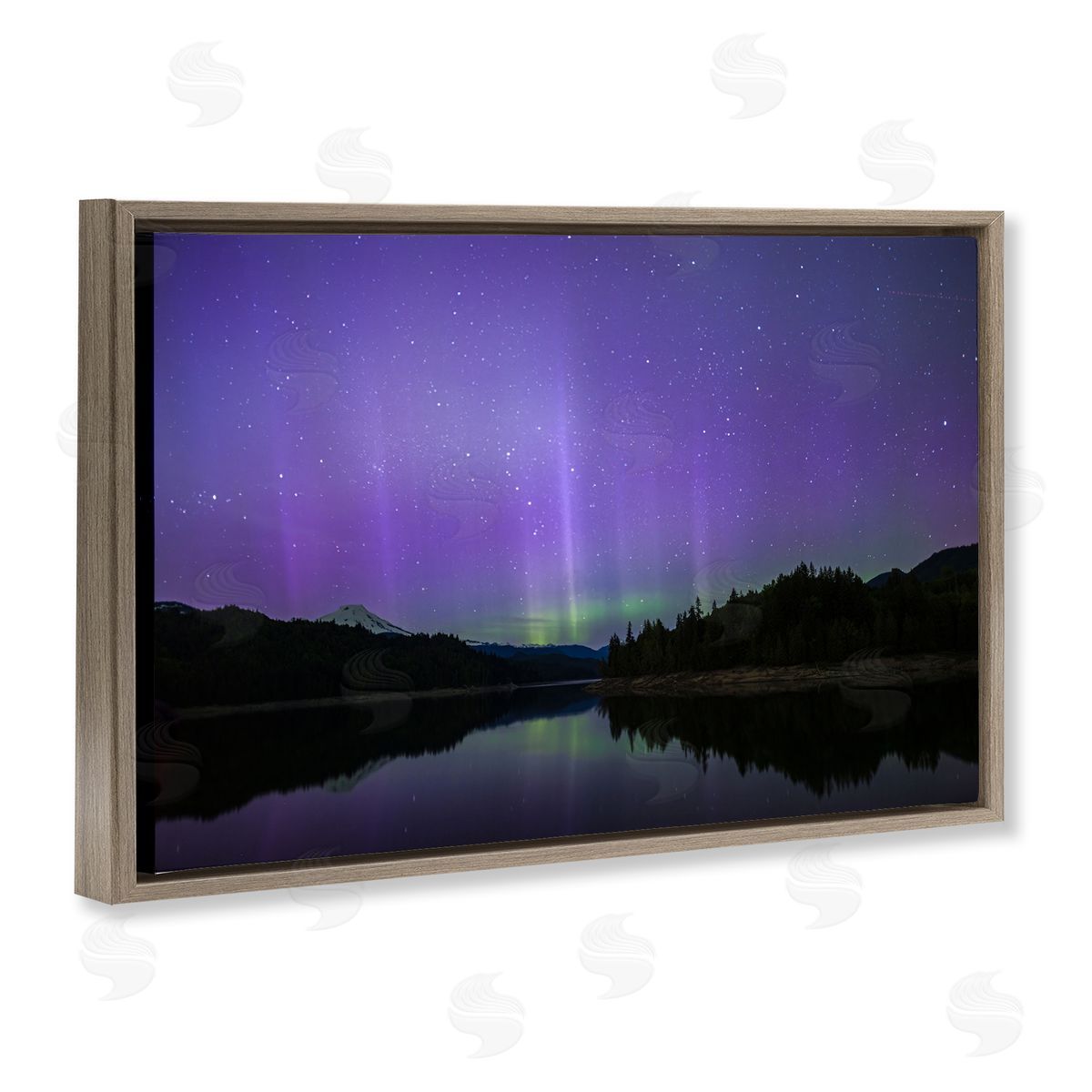 Luminous Purple Northern Lights Brown Floating Frame Canvas Wall Art, Home Decor by Nancy Crowell