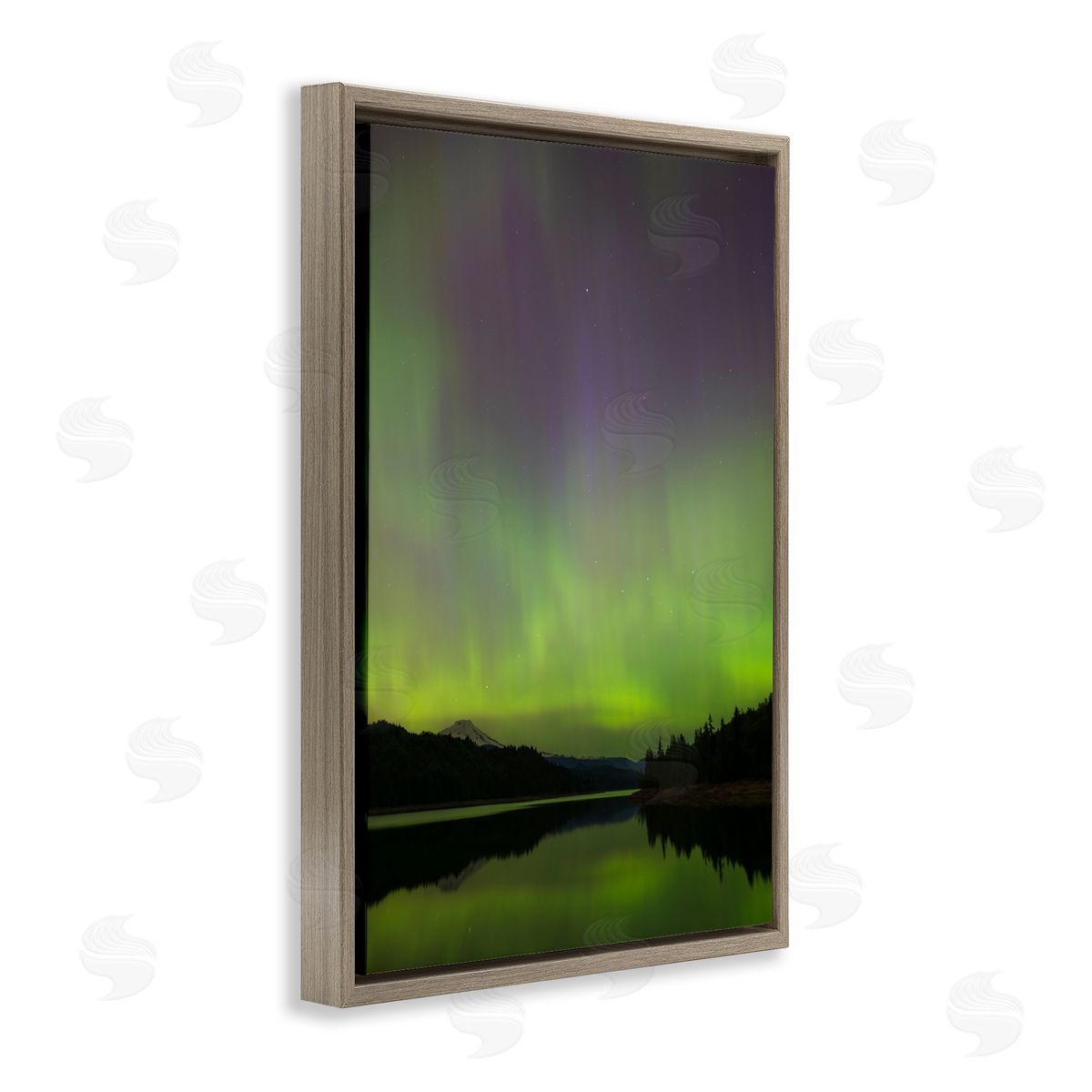 Green Aurora Landscape Brown Floating Frame Canvas Wall Art, Home Decor by Nancy Crowell