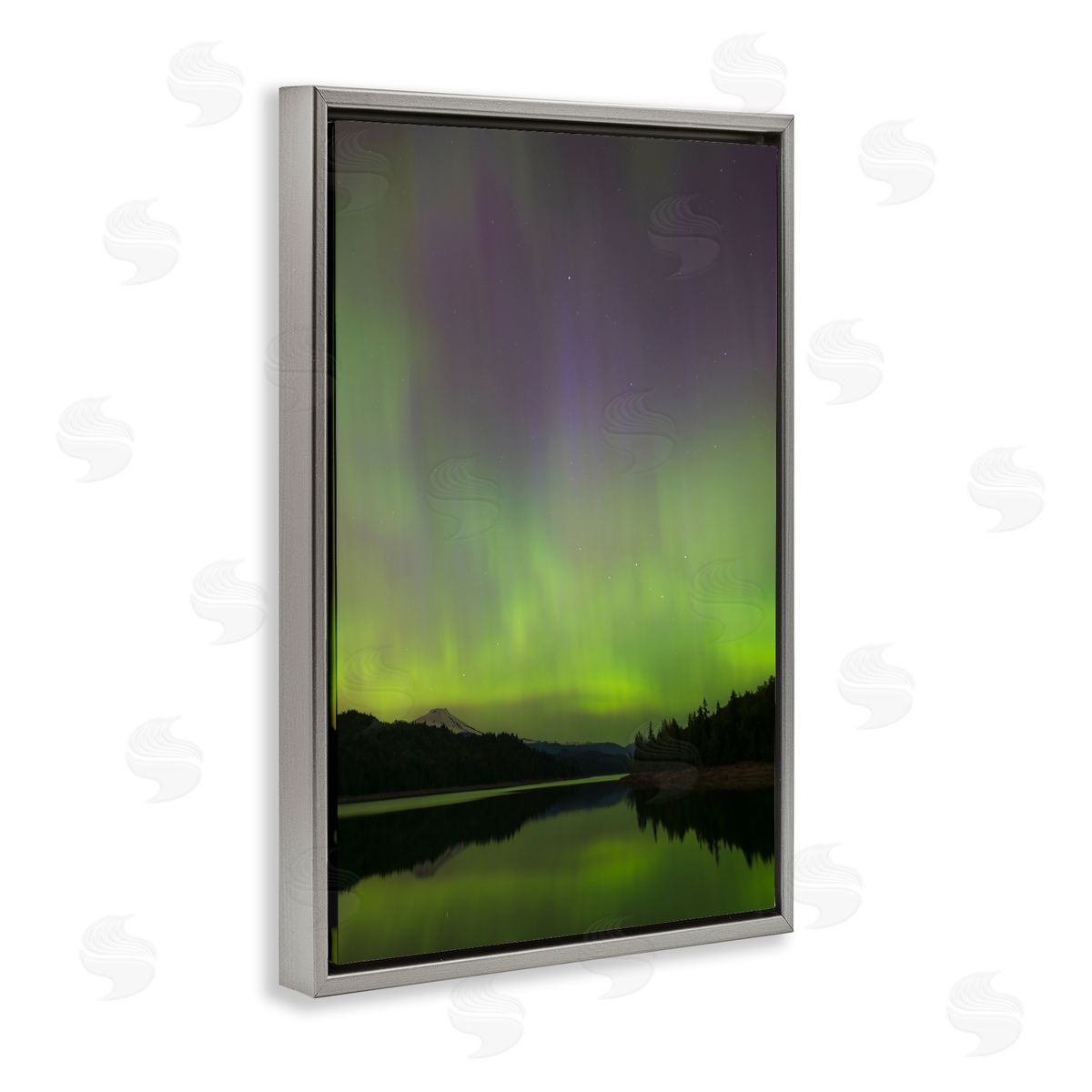 Green Aurora Landscape Grey Floating Frame Canvas Wall Art, Home Decor by Nancy Crowell