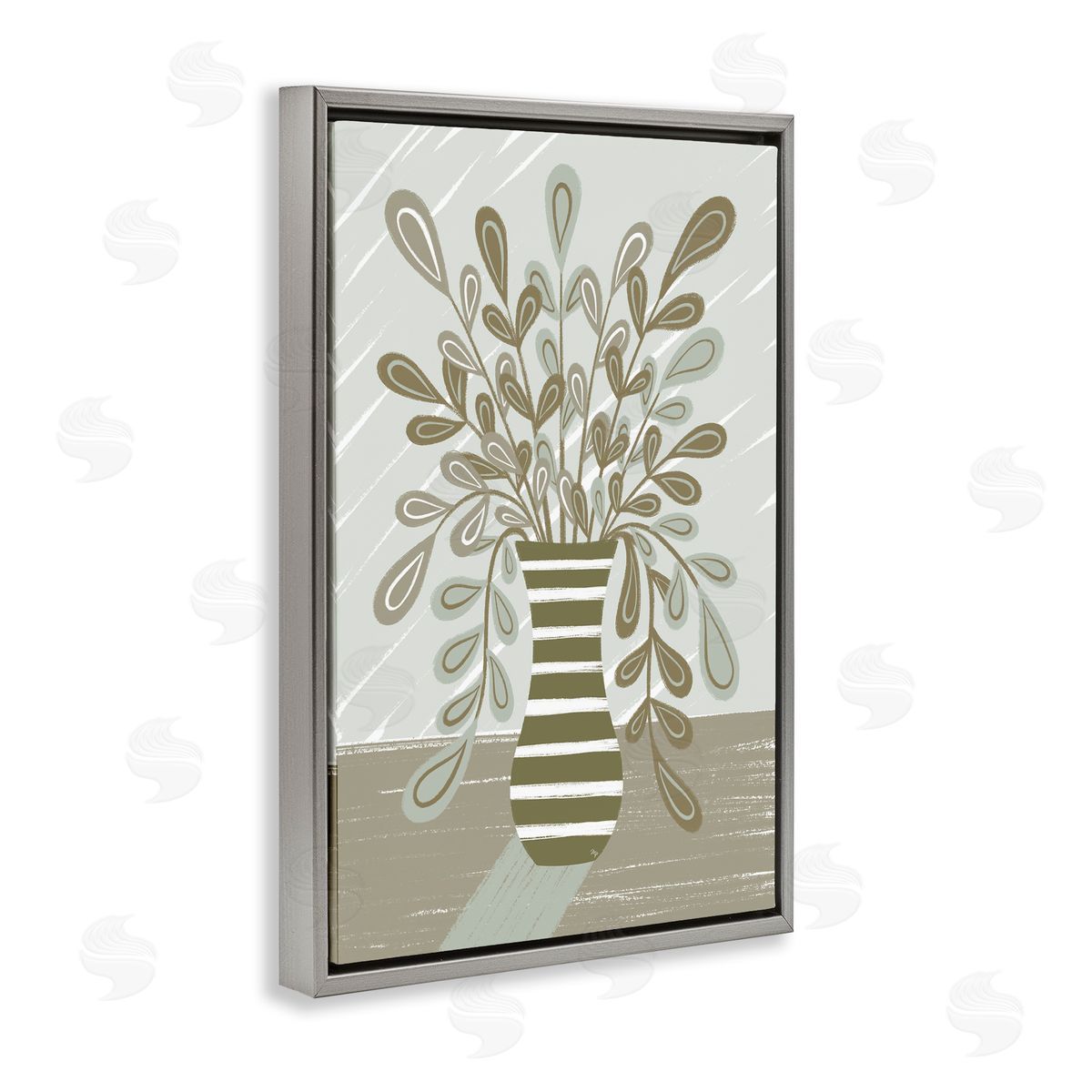 Muted Minimal Foliage Bouquet Grey Floating Frame Canvas Wall Art, Home Decor by Martina Pavlova