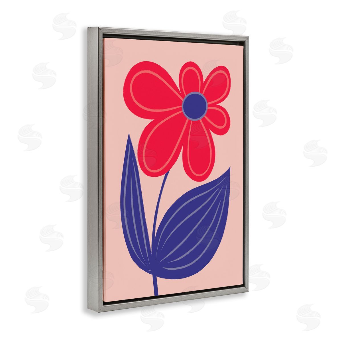 Playful Bold Red Daisy Grey Floating Frame Canvas Wall Art, Home Decor by Martina Pavlova