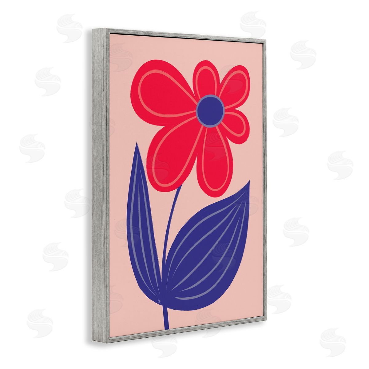 Playful Bold Red Daisy Grey Frame Print Wall Art, Home Decor by Martina Pavlova