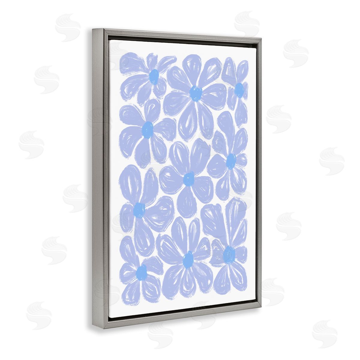 Blue Blooms Patterned Grey Floating Frame Canvas Wall Art, Home Decor by Martina Pavlova