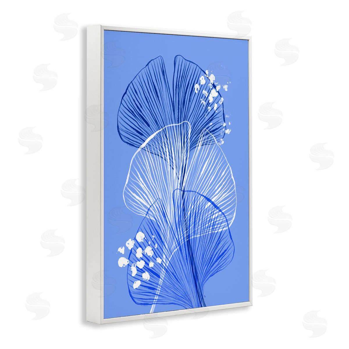 Layered Blue Gingkoes White Frame Print Wall Art, Home Decor by Martina Pavlova