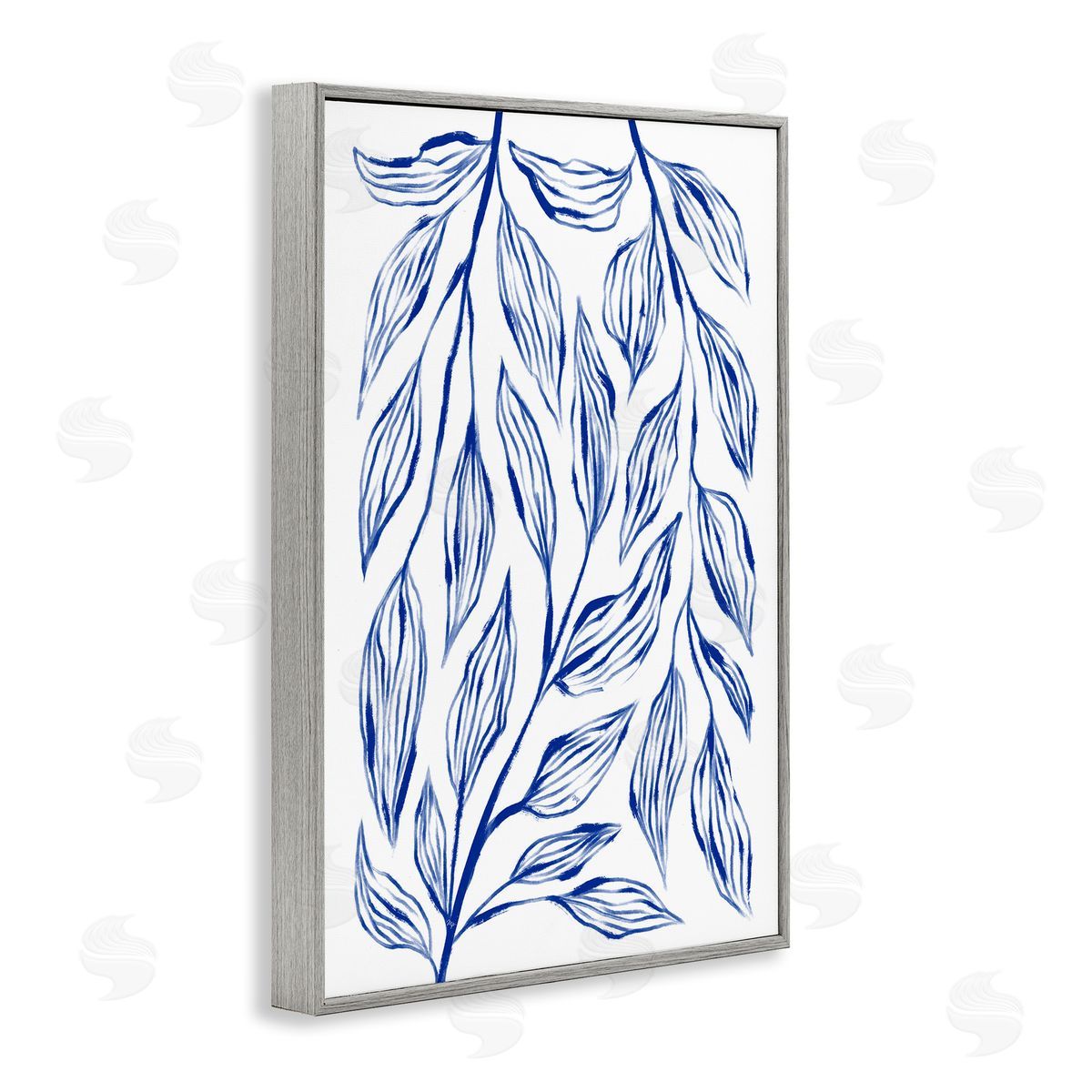 Simple Blue Leaves on White Grey Frame Print Wall Art, Home Decor by Martina Pavlova