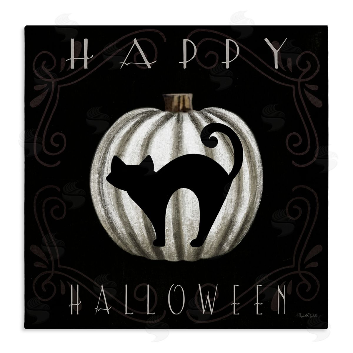 Happy Halloween Cat & Pumpkin Canvas Wall Art, Home Decor by Elizabeth Tyndall