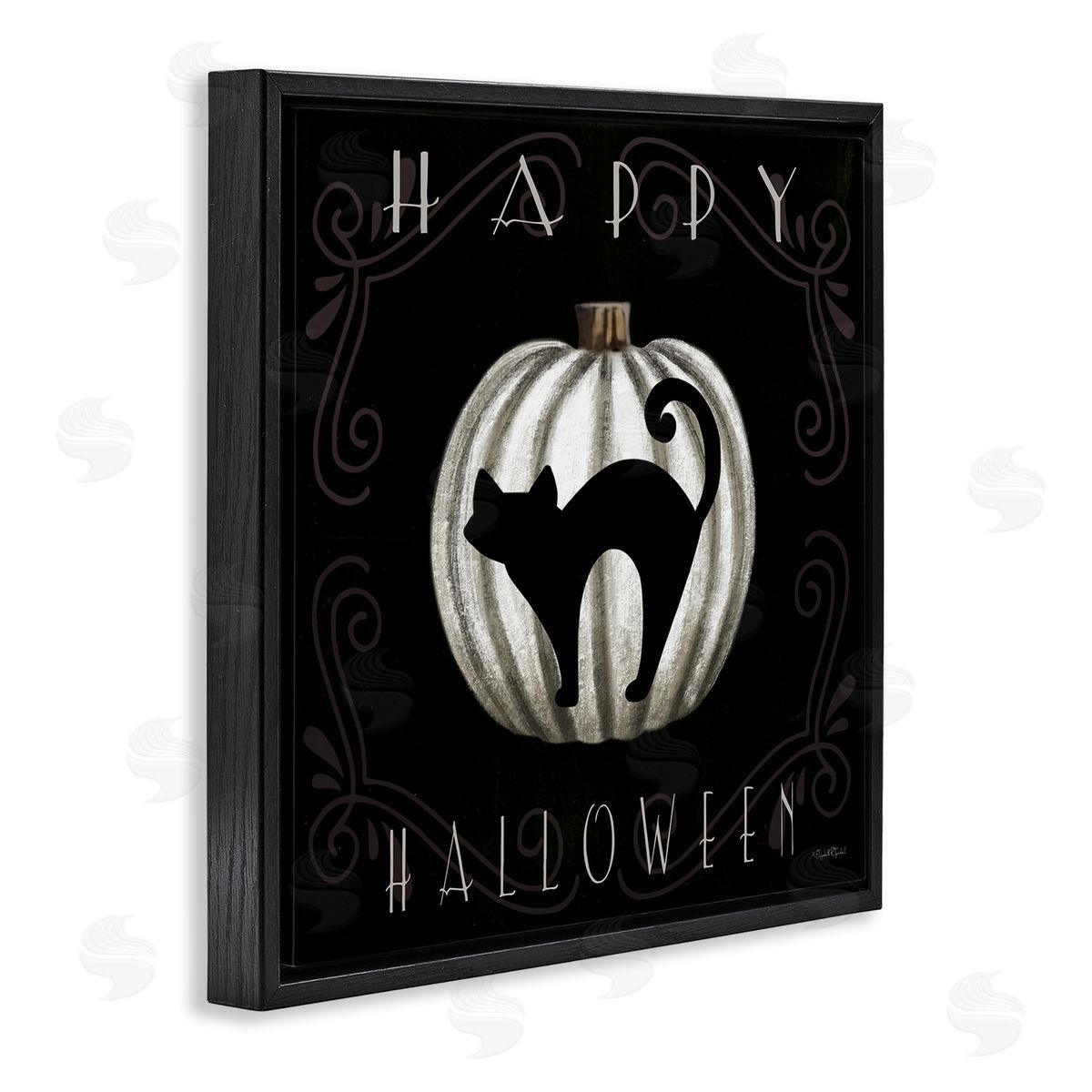 Happy Halloween Cat & Pumpkin Black Floating Frame Canvas Wall Art, Home Decor by Elizabeth Tyndall