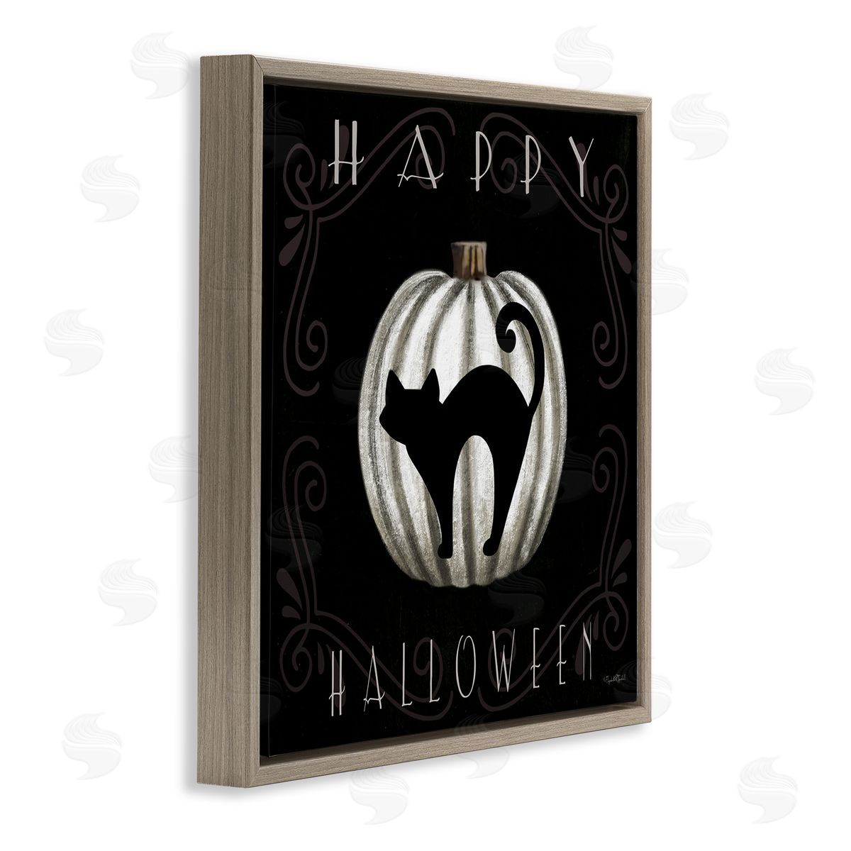 Happy Halloween Cat & Pumpkin Brown Floating Frame Canvas Wall Art, Home Decor by Elizabeth Tyndall