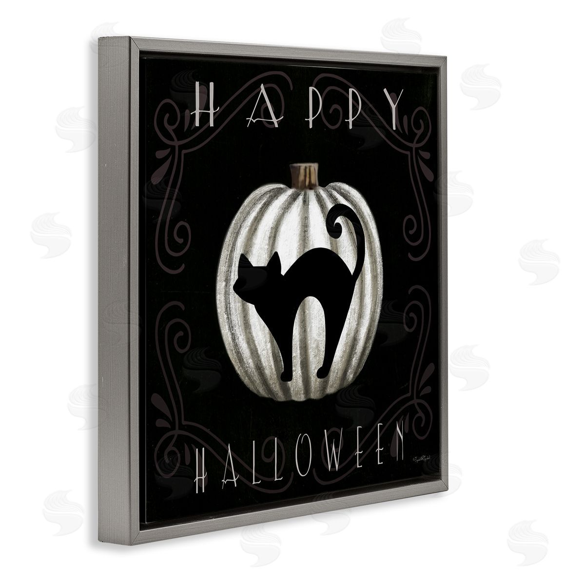 Happy Halloween Cat & Pumpkin Grey Floating Frame Canvas Wall Art, Home Decor by Elizabeth Tyndall