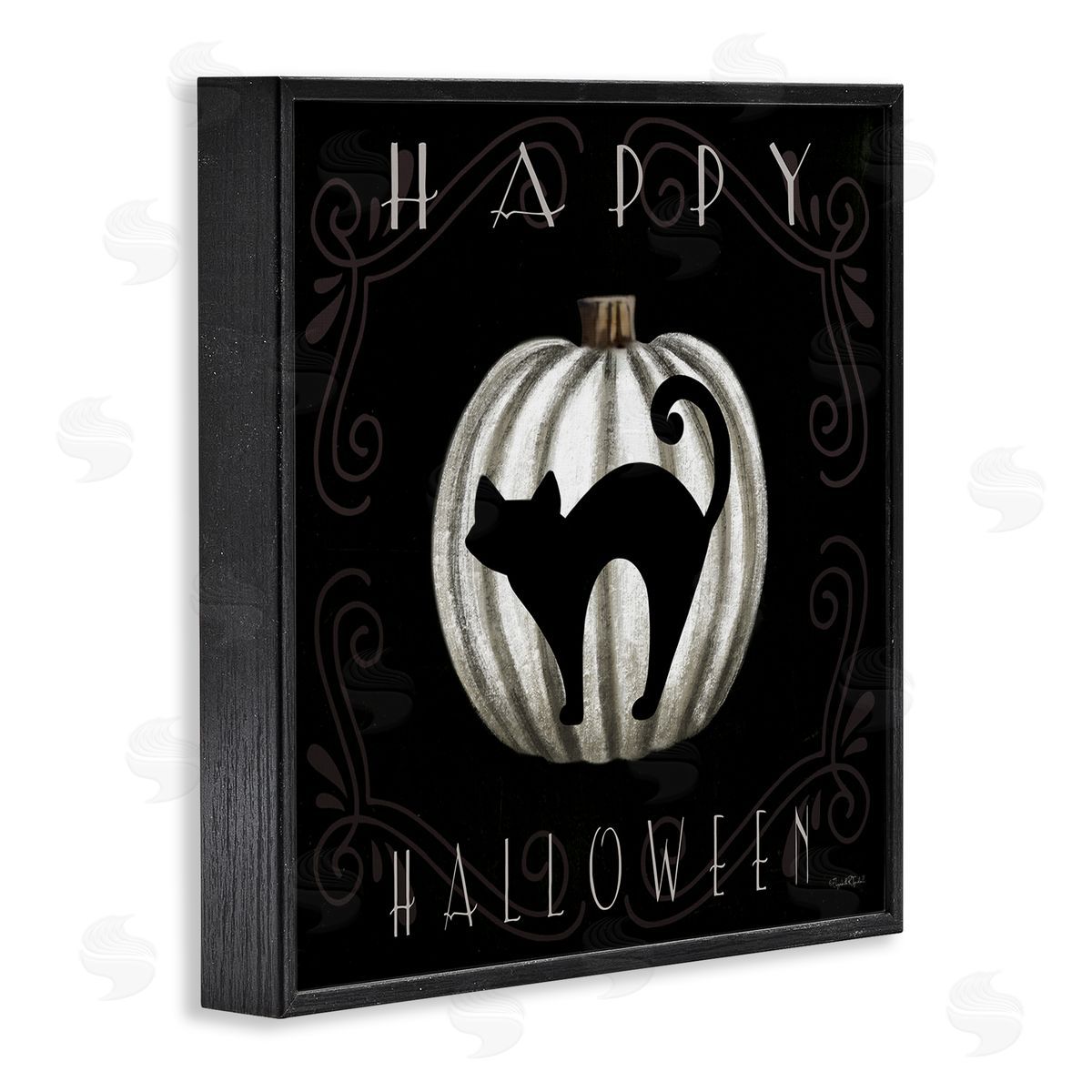 Happy Halloween Cat & Pumpkin Black Frame Print Wall Art, Home Decor by Elizabeth Tyndall