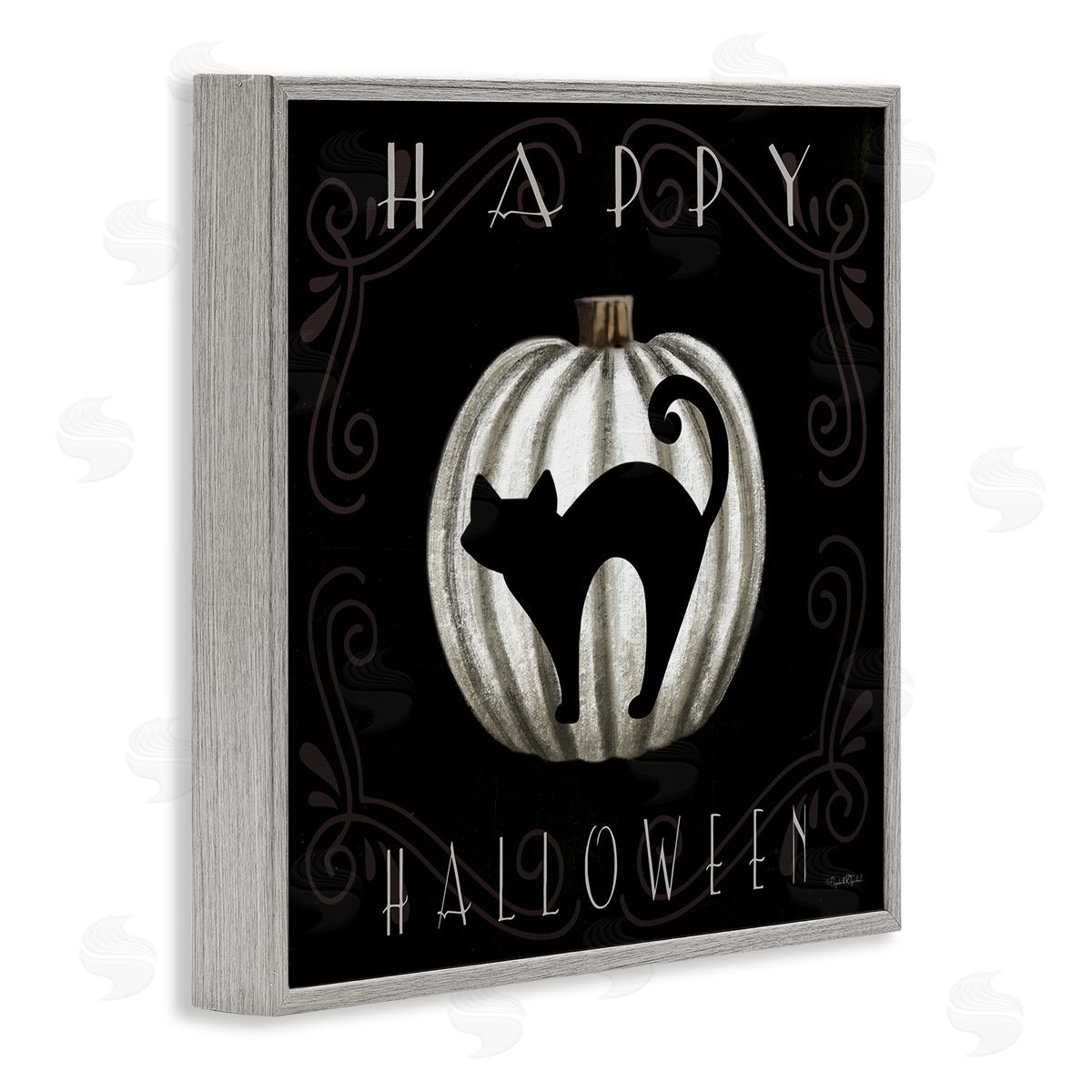 Happy Halloween Cat & Pumpkin Grey Frame Print Wall Art, Home Decor by Elizabeth Tyndall