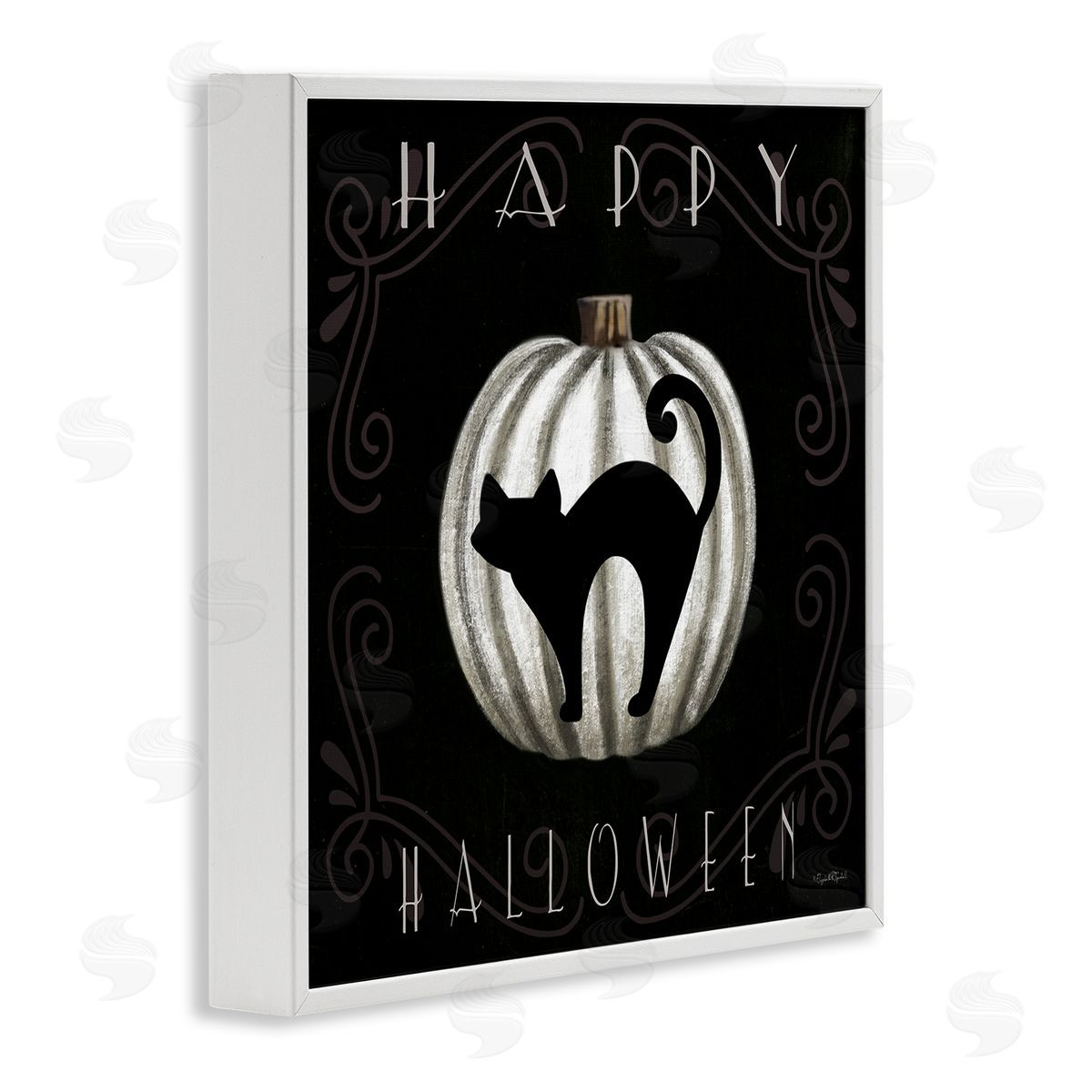 Happy Halloween Cat & Pumpkin White Frame Print Wall Art, Home Decor by Elizabeth Tyndall