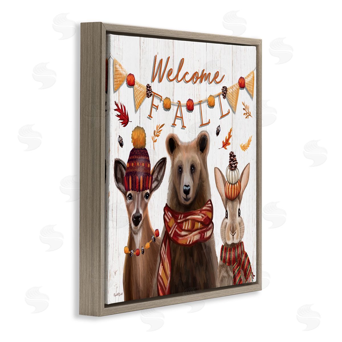 Welcome Fall Woodland Animals Brown Floating Frame Canvas Wall Art, Home Decor by Elizabeth Tyndall