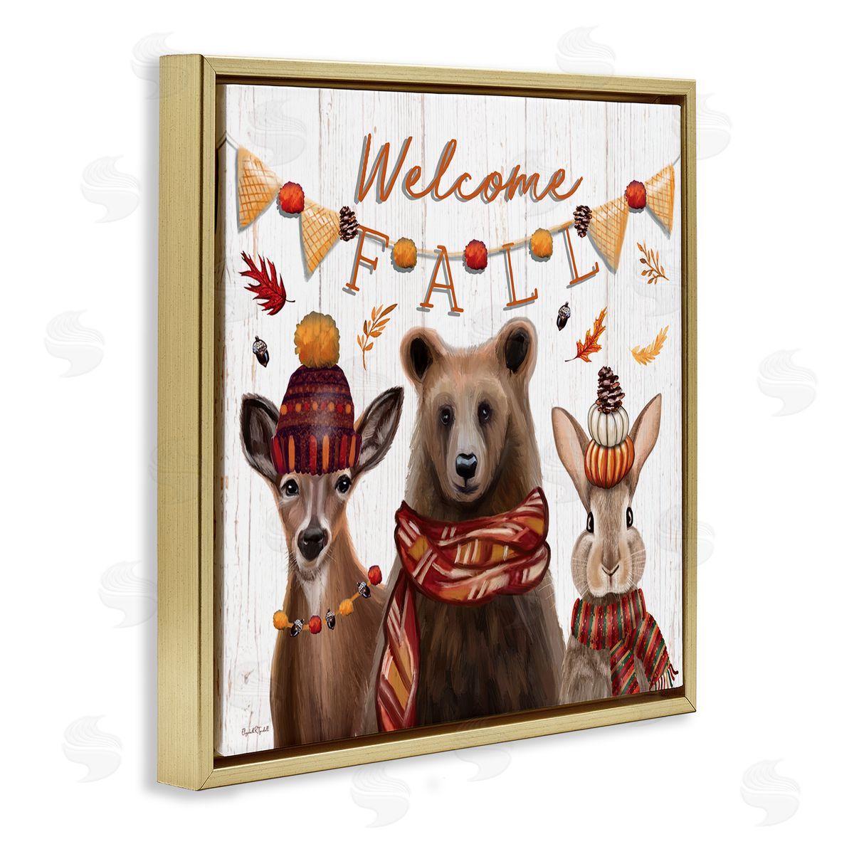 Welcome Fall Woodland Animals Gold Floating Frame Canvas Wall Art, Home Decor by Elizabeth Tyndall