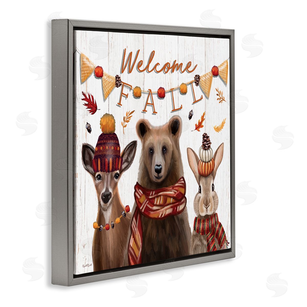 Welcome Fall Woodland Animals Grey Floating Frame Canvas Wall Art, Home Decor by Elizabeth Tyndall