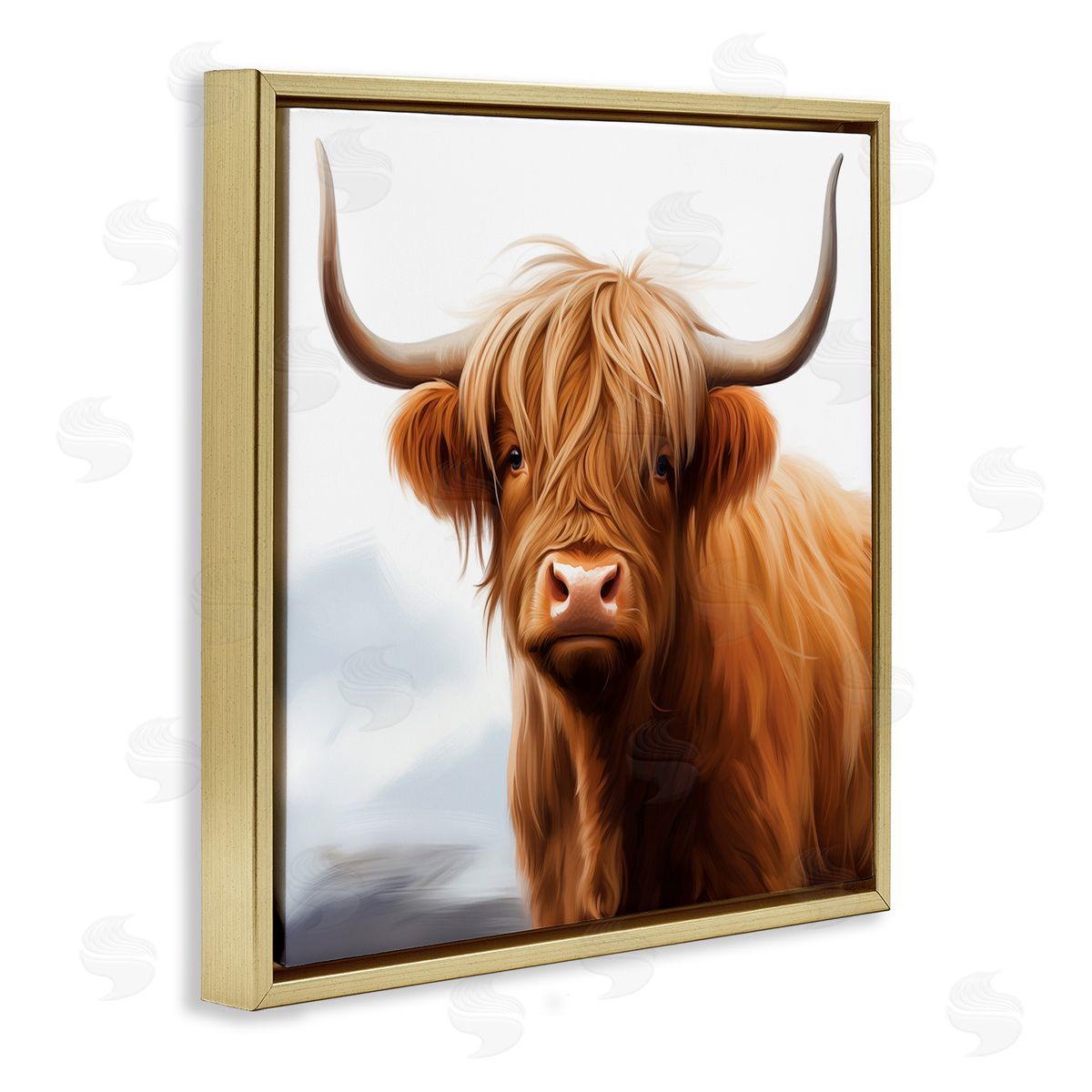Long Horn Highland Cow Portrait Gold Floating Frame Canvas Wall Art, Home Decor by Heidi Kuntz