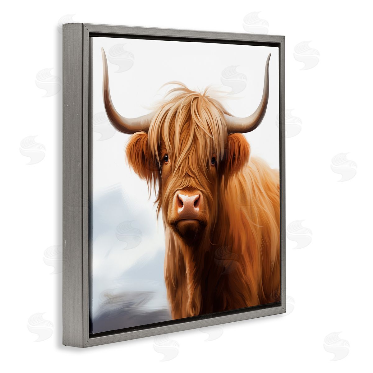 Long Horn Highland Cow Portrait Grey Floating Frame Canvas Wall Art, Home Decor by Heidi Kuntz