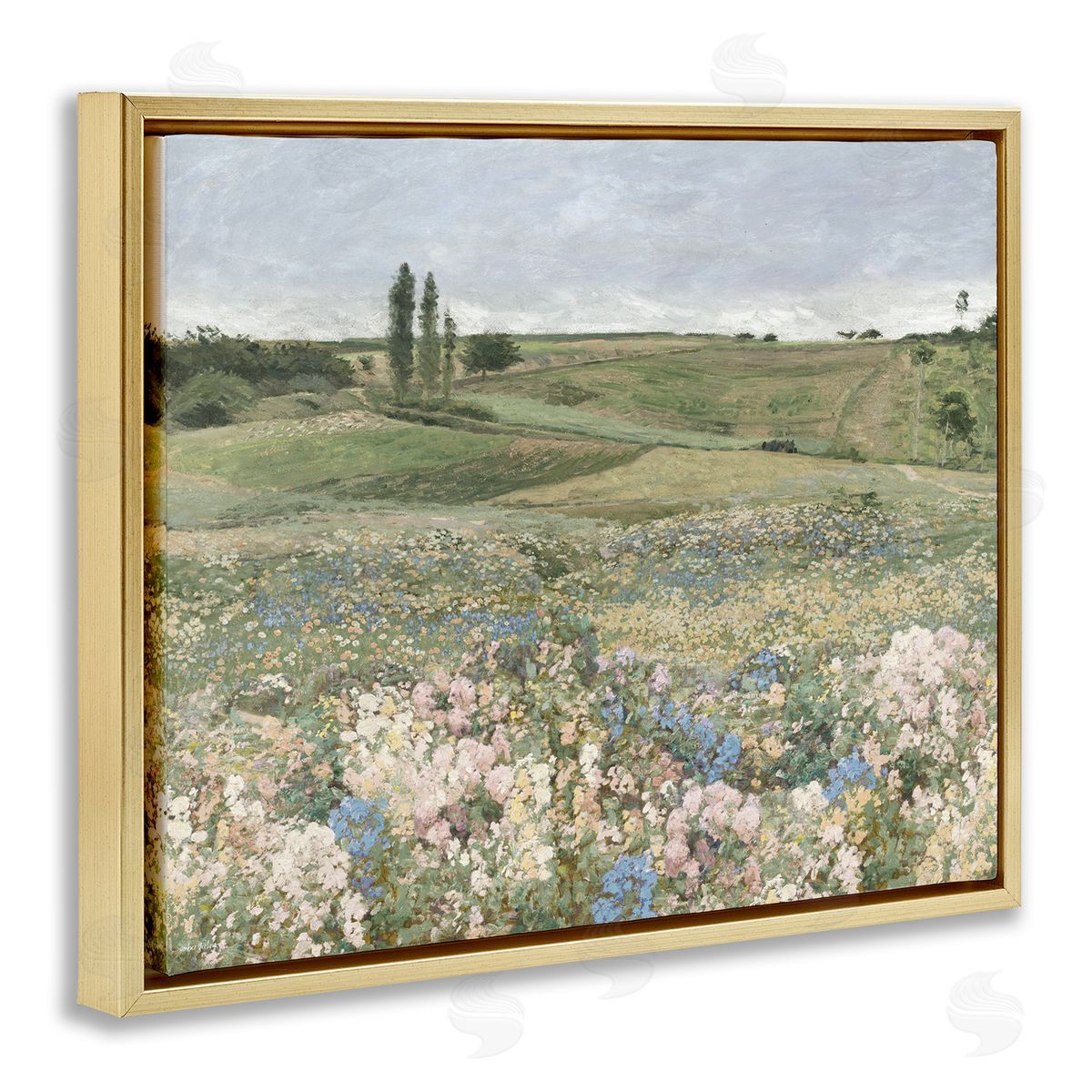 Charming Pastoral Meadow View Gold Floating Frame Canvas Wall Art, Home Decor by Amber Sterling
