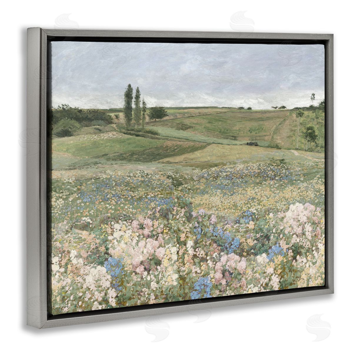 Charming Pastoral Meadow View Grey Floating Frame Canvas Wall Art, Home Decor by Amber Sterling