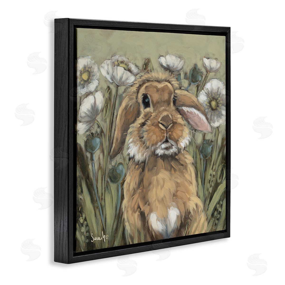 Rabbit in Poppy Garden Black Floating Frame Canvas Wall Art, Home Decor by Sara G. Designs