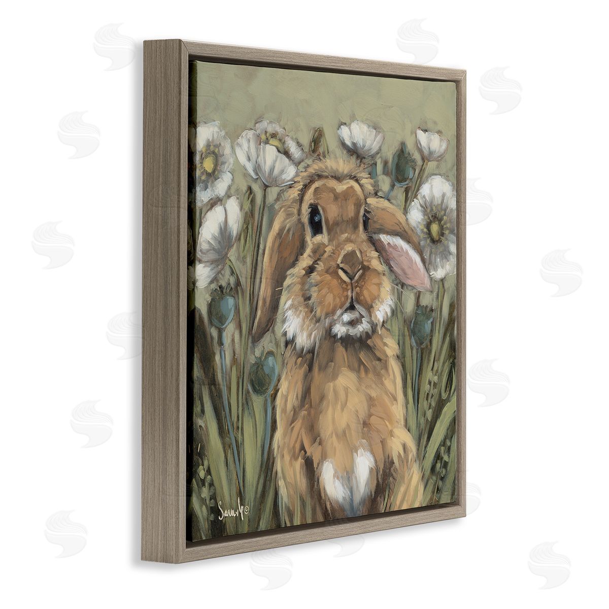Rabbit in Poppy Garden Brown Floating Frame Canvas Wall Art, Home Decor by Sara G. Designs