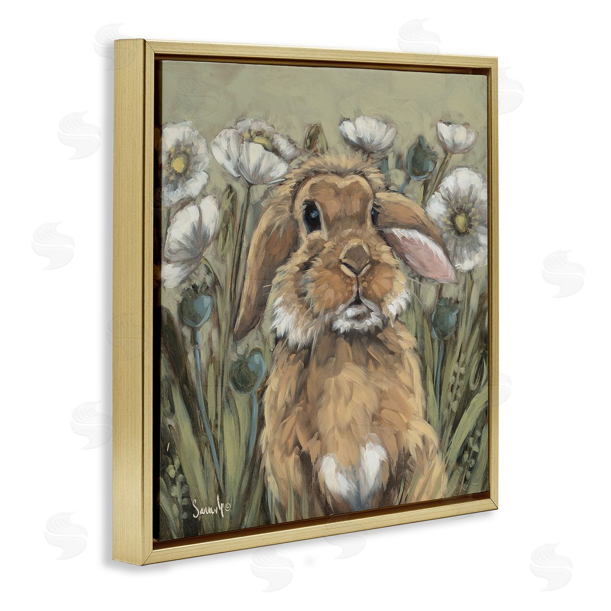 Rabbit in Poppy Garden Gold Floating Frame Canvas Wall Art, Home Decor by Sara G. Designs