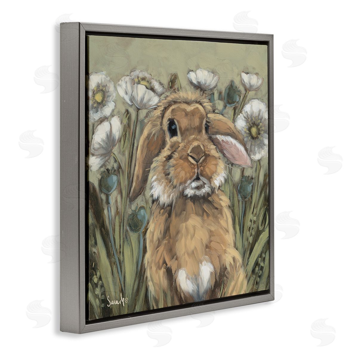 Rabbit in Poppy Garden Grey Floating Frame Canvas Wall Art, Home Decor by Sara G. Designs
