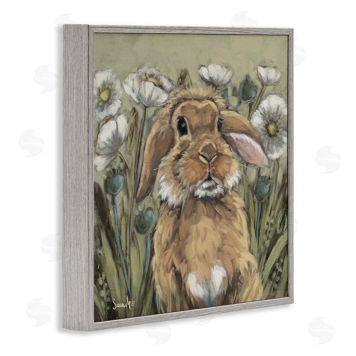 Rabbit in Poppy Garden Grey Frame Print Wall Art, Home Decor by Sara G. Designs