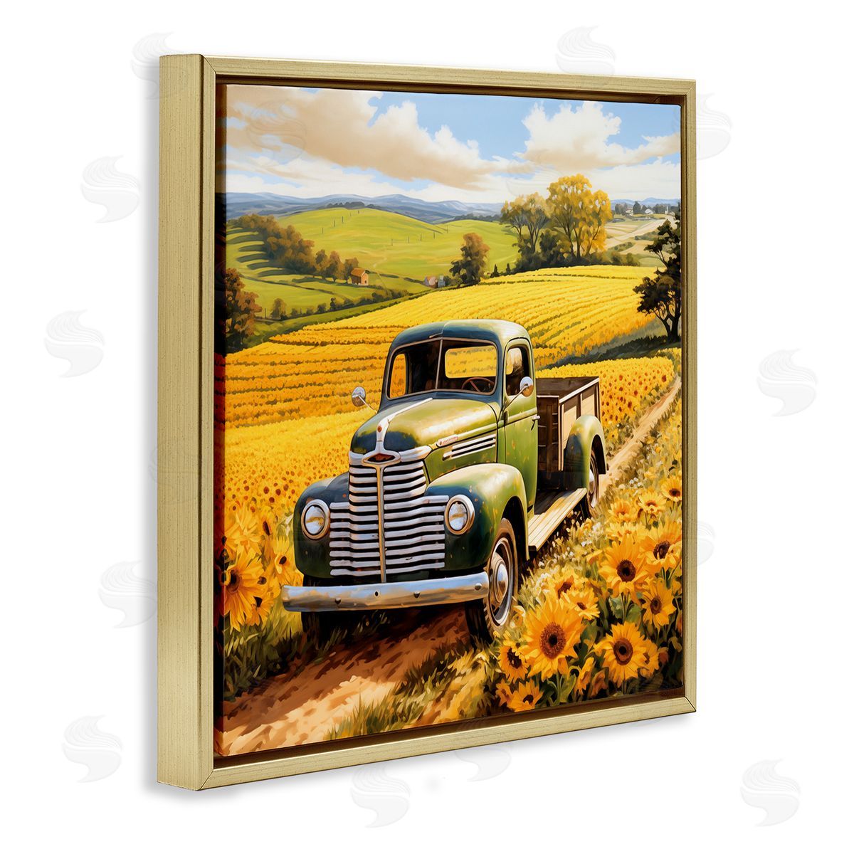 Truck Through Sunflower Field Gold Floating Frame Canvas Wall Art, Home Decor by Heidi Kuntz