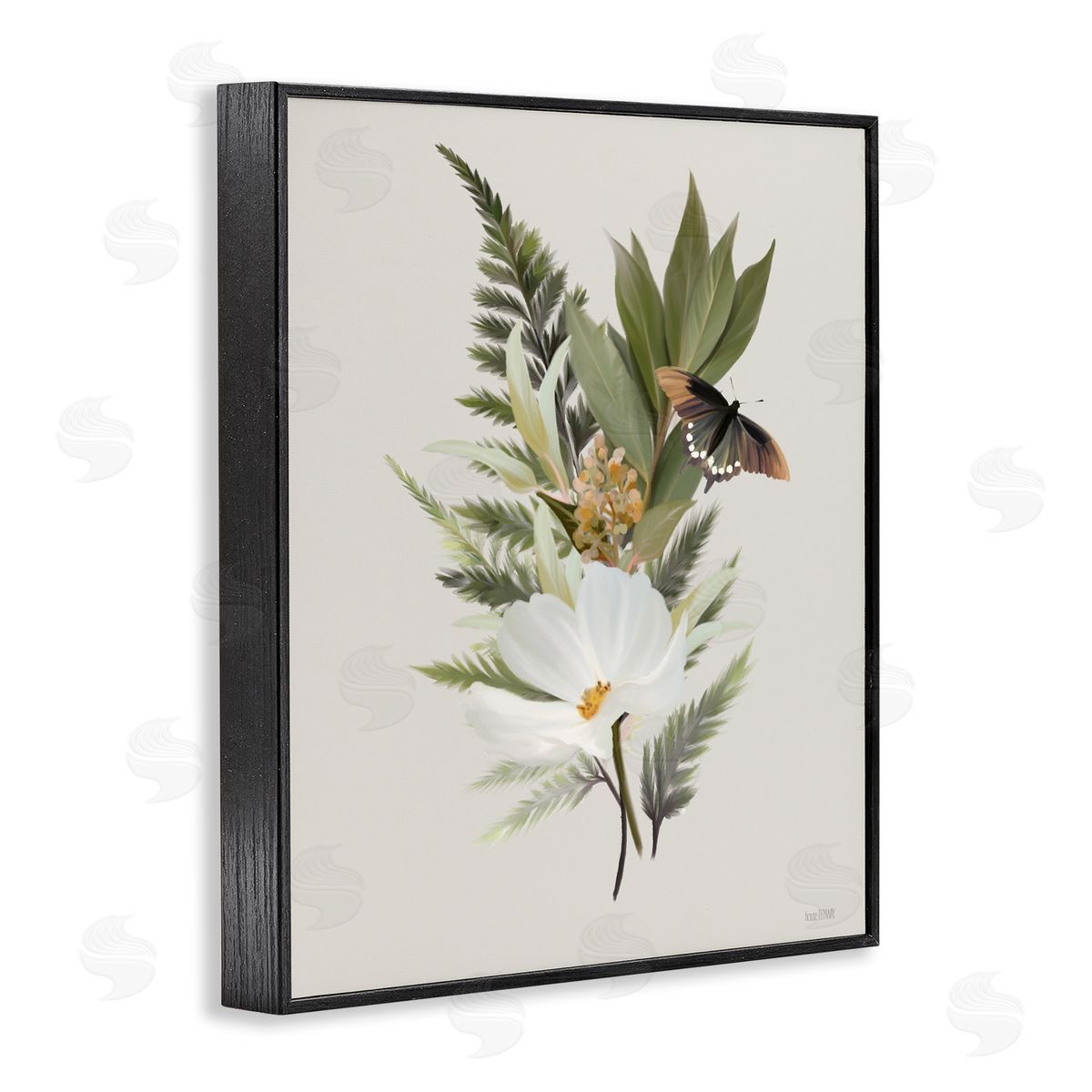 Flower Sprigs & Butterfly Black Frame Print Wall Art, Home Decor by House Fenway