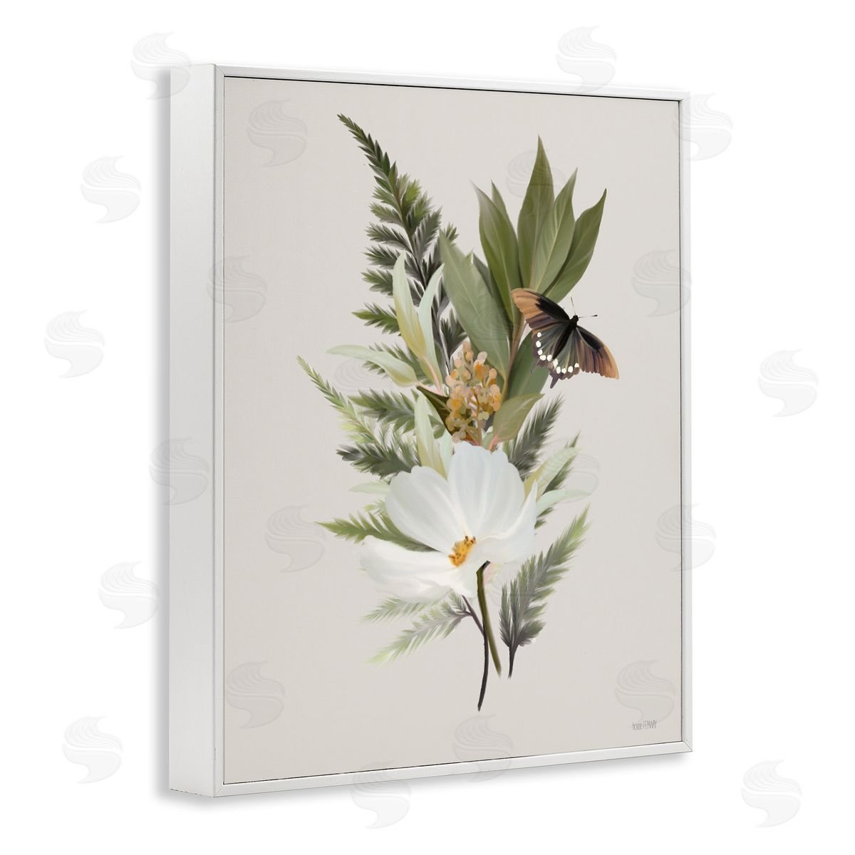 Flower Sprigs & Butterfly White Frame Print Wall Art, Home Decor by House Fenway