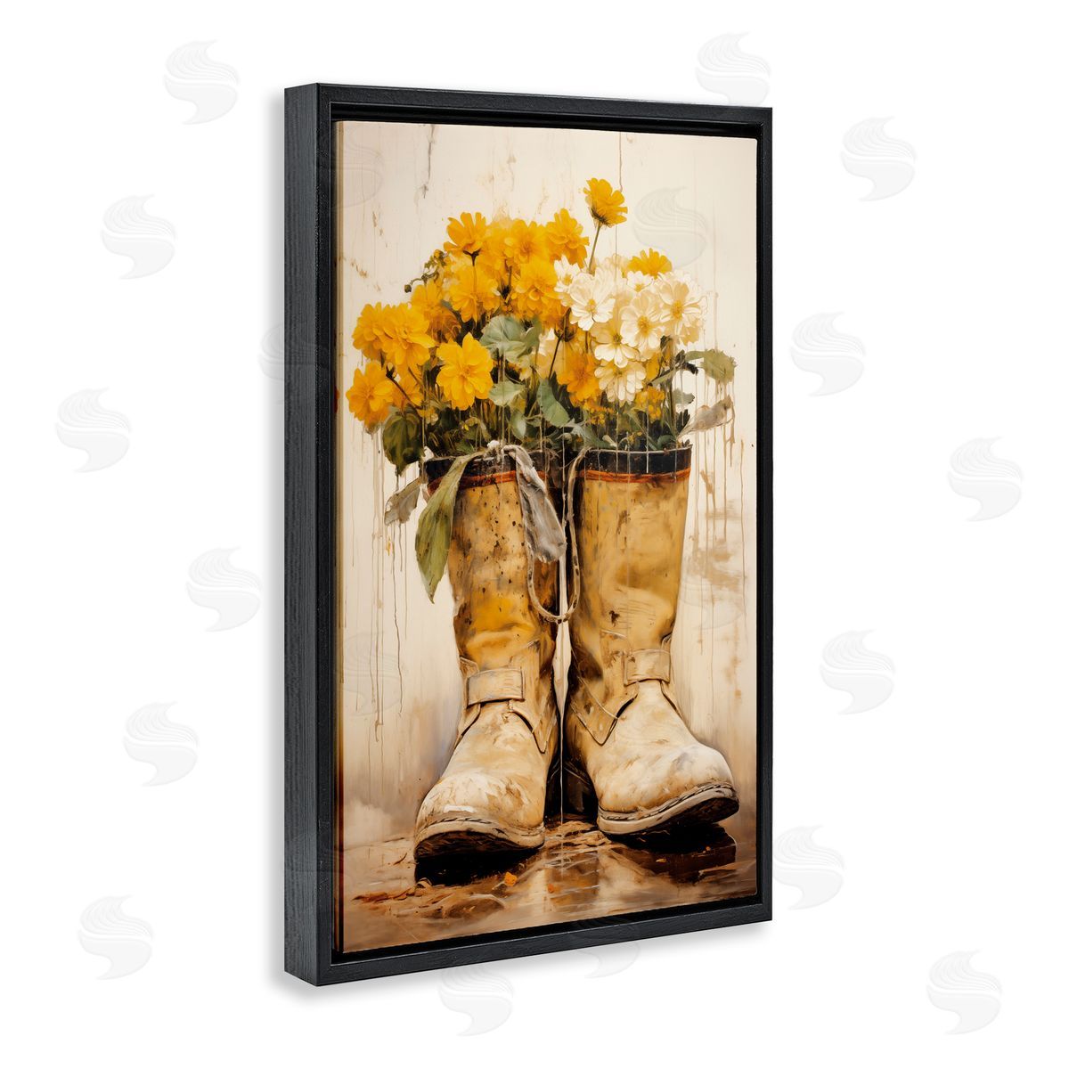 Flowers in Rugged Country Boots Black Floating Frame Canvas Wall Art, Home Decor by Heidi Kuntz