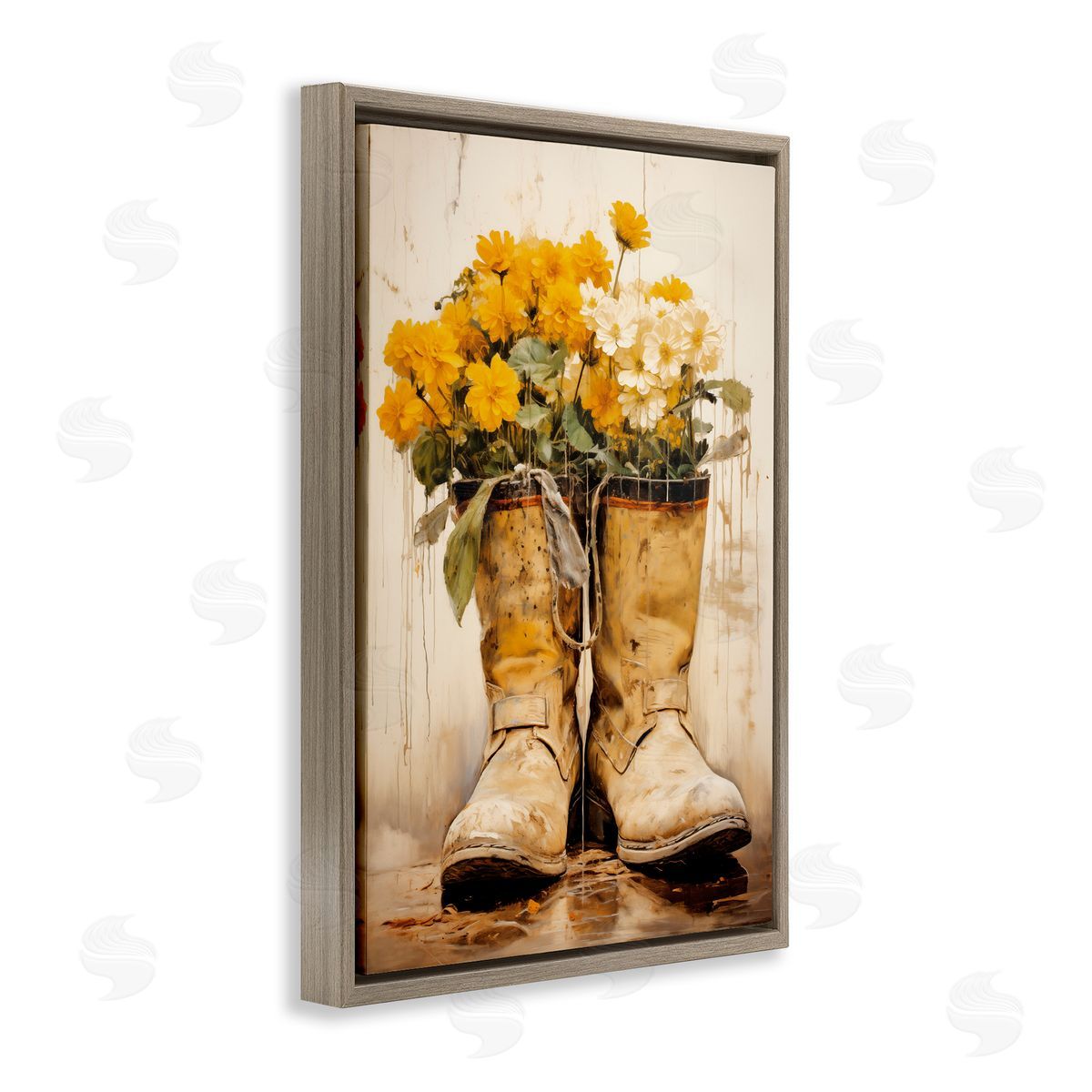 Flowers in Rugged Country Boots Brown Floating Frame Canvas Wall Art, Home Decor by Heidi Kuntz