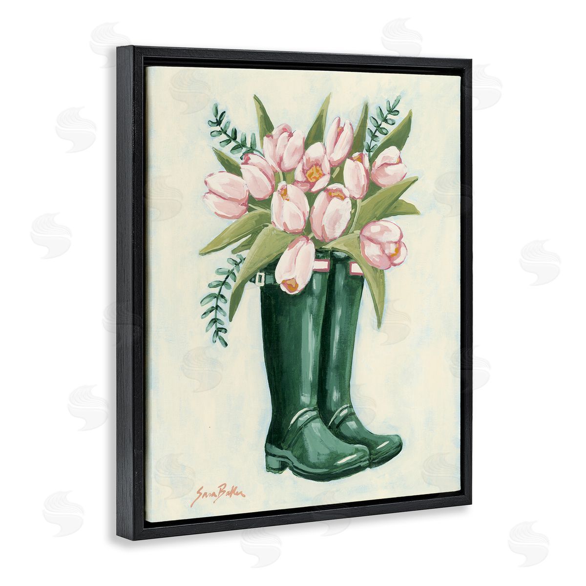 Tulips in Rain Boots Black Floating Frame Canvas Wall Art, Home Decor by Sara Baker