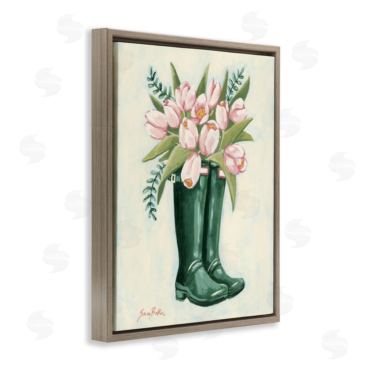 Tulips in Rain Boots Brown Floating Frame Canvas Wall Art, Home Decor by Sara Baker