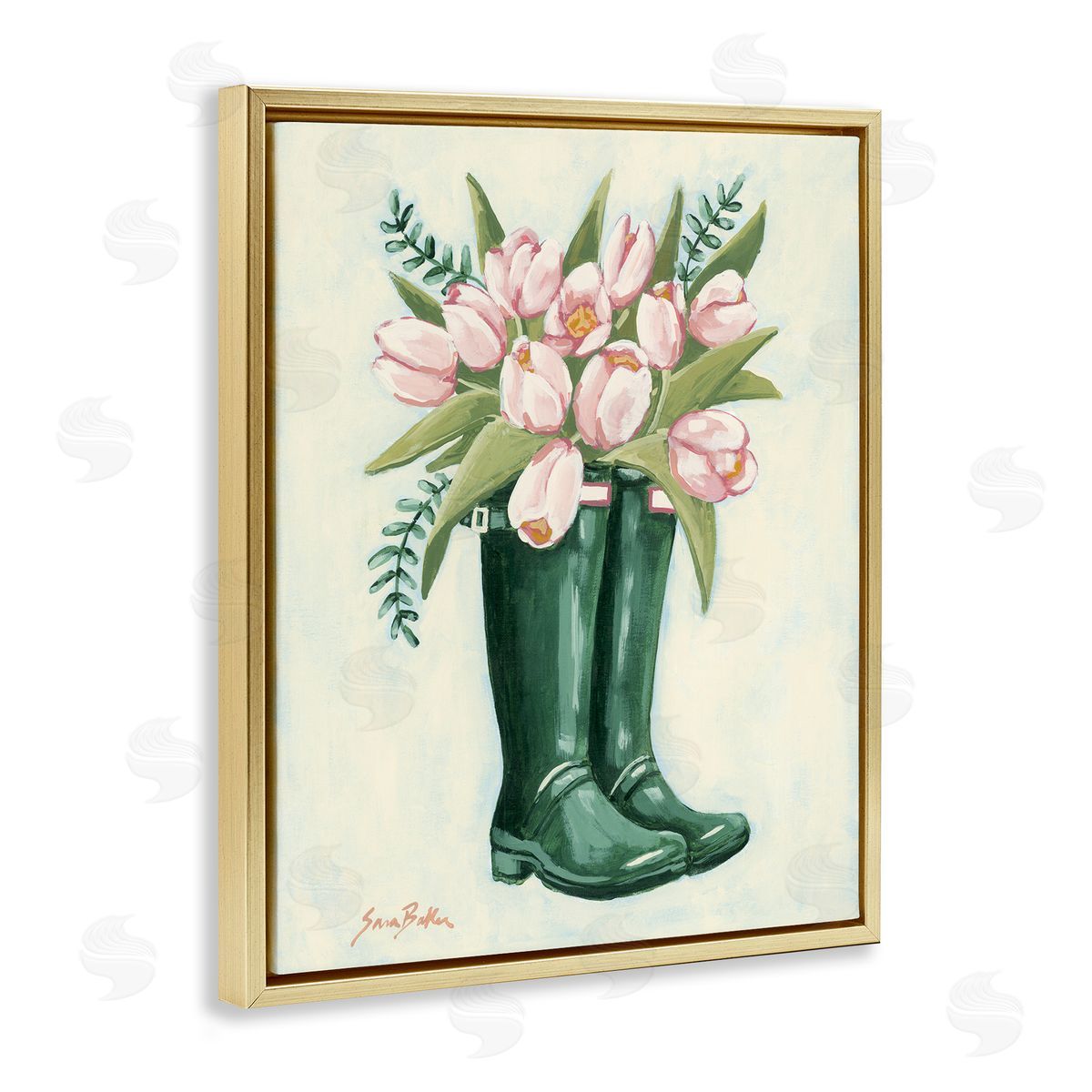 Tulips in Rain Boots Gold Floating Frame Canvas Wall Art, Home Decor by Sara Baker