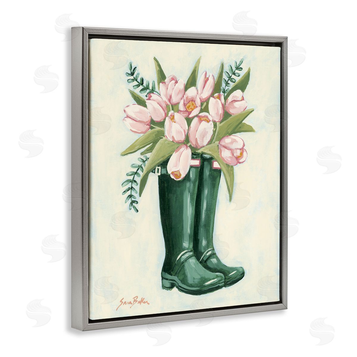 Tulips in Rain Boots Grey Floating Frame Canvas Wall Art, Home Decor by Sara Baker