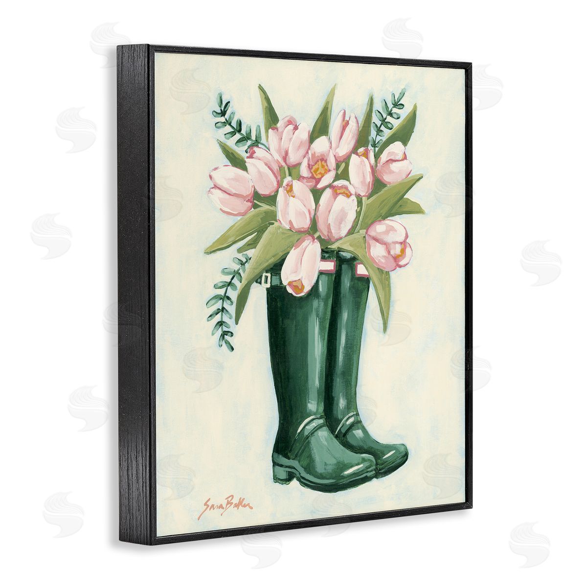 Tulips in Rain Boots Black Frame Print Wall Art, Home Decor by Sara Baker