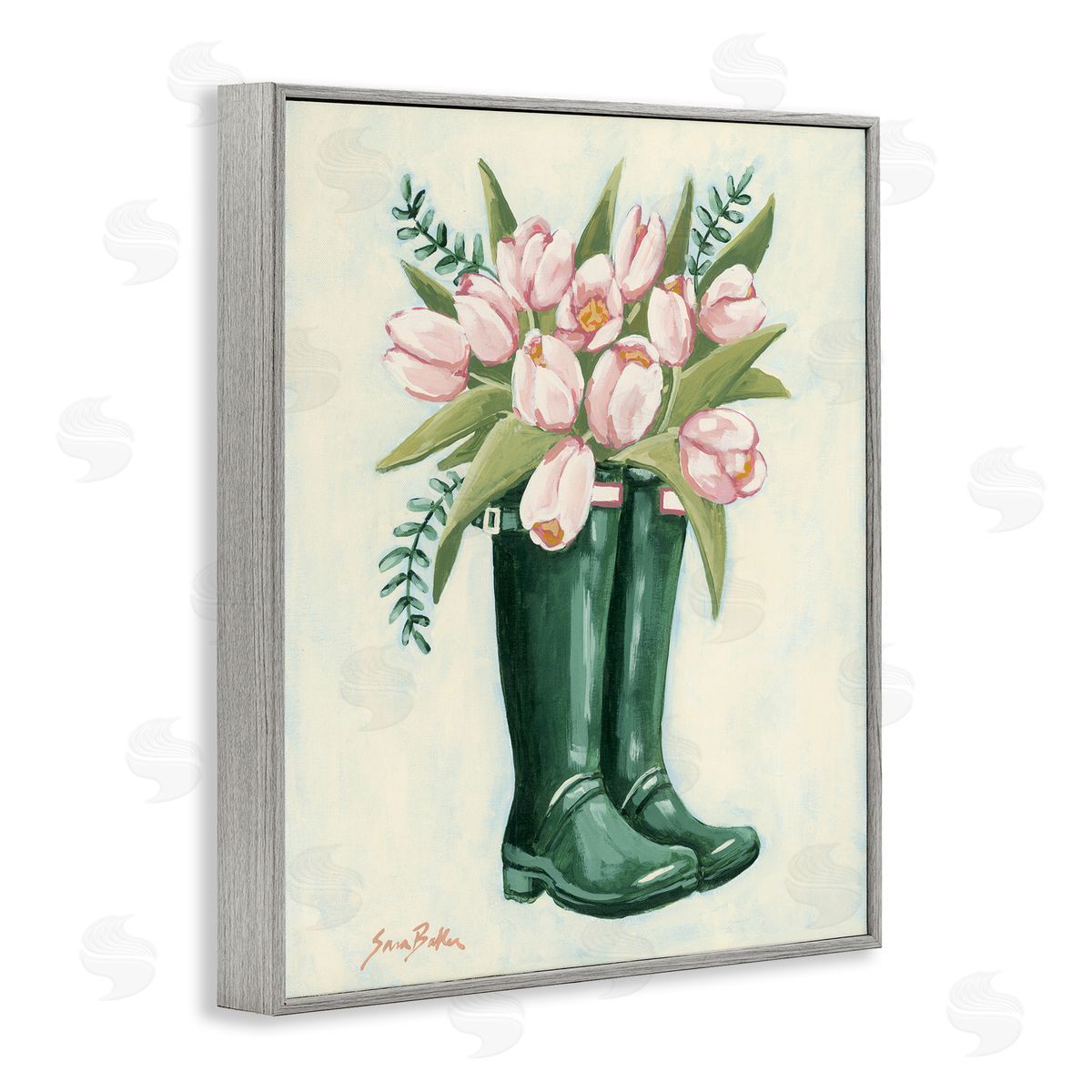 Tulips in Rain Boots Grey Frame Print Wall Art, Home Decor by Sara Baker