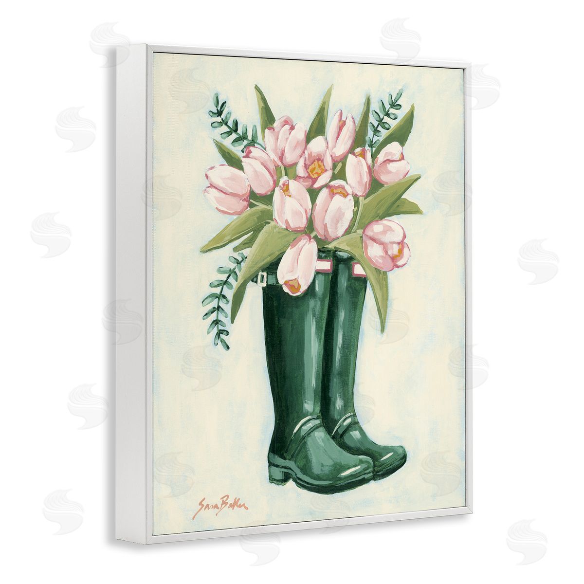 Tulips in Rain Boots White Frame Print Wall Art, Home Decor by Sara Baker