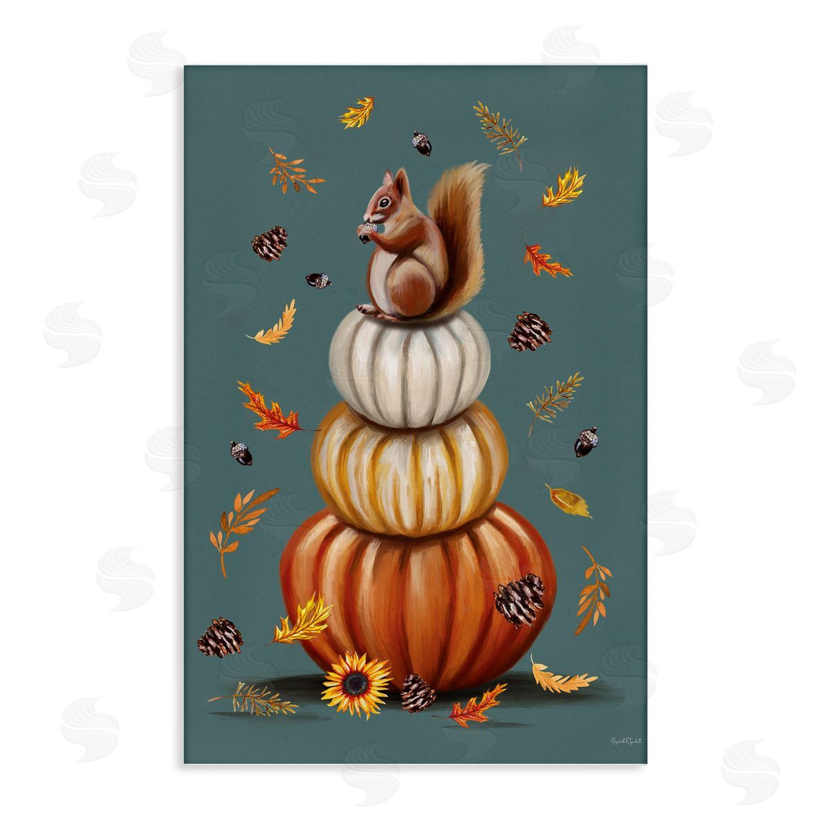 Squirrel Atop Pumpkin Stack Canvas Wall Art, Home Decor by Elizabeth Tyndall