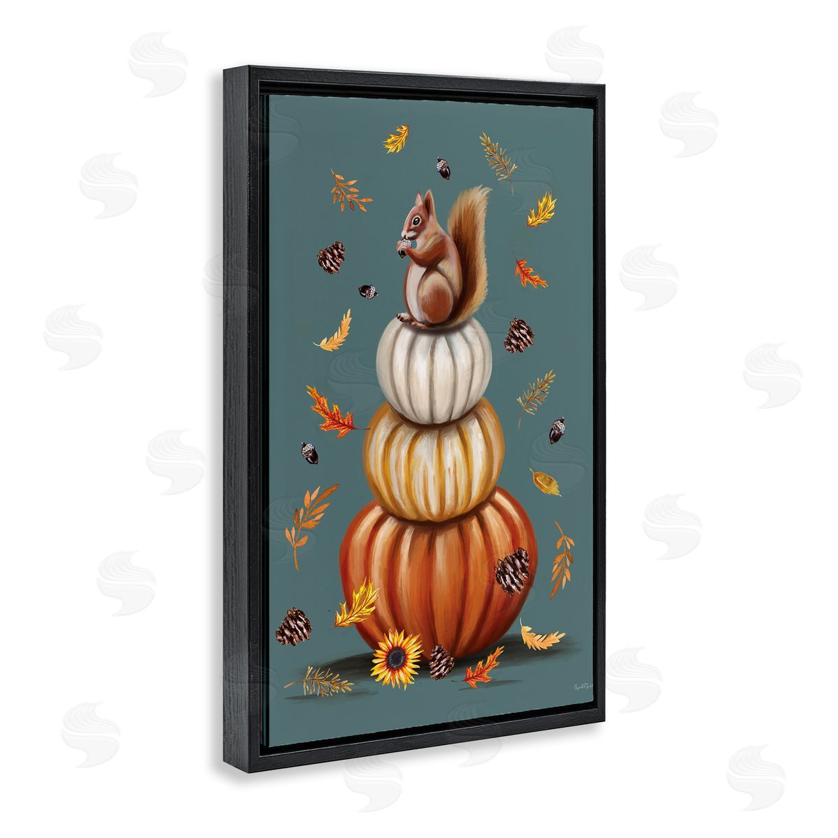 Squirrel Atop Pumpkin Stack Black Floating Frame Canvas Wall Art, Home Decor by Elizabeth Tyndall